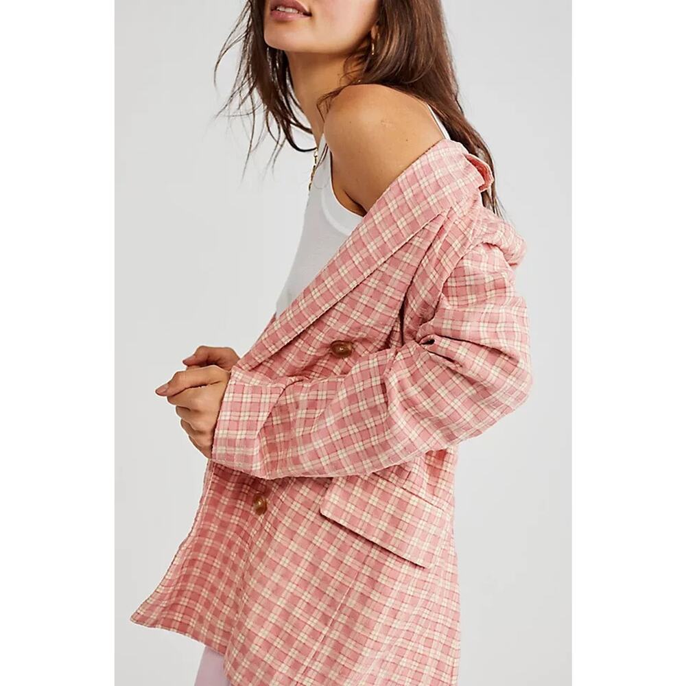 Free People Pink Plaid Double-Breasted Blazer Jacket - Picture 6 of 9